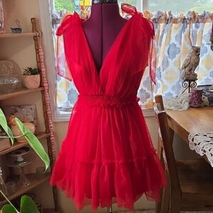 Red Tiered Babydoll Mini Dress with Plunge Neckline